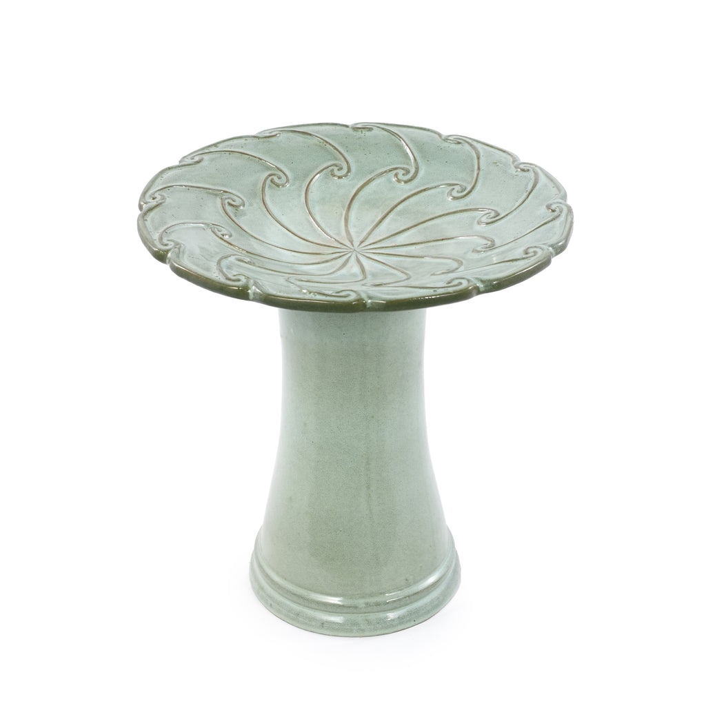 Handmade glazed ceramic bird bath, 17" swirling scroll embossed tray & 18" pedestal base, sage green gradient glaze outdoor bird feeder for yard, lawn, patio & backyard