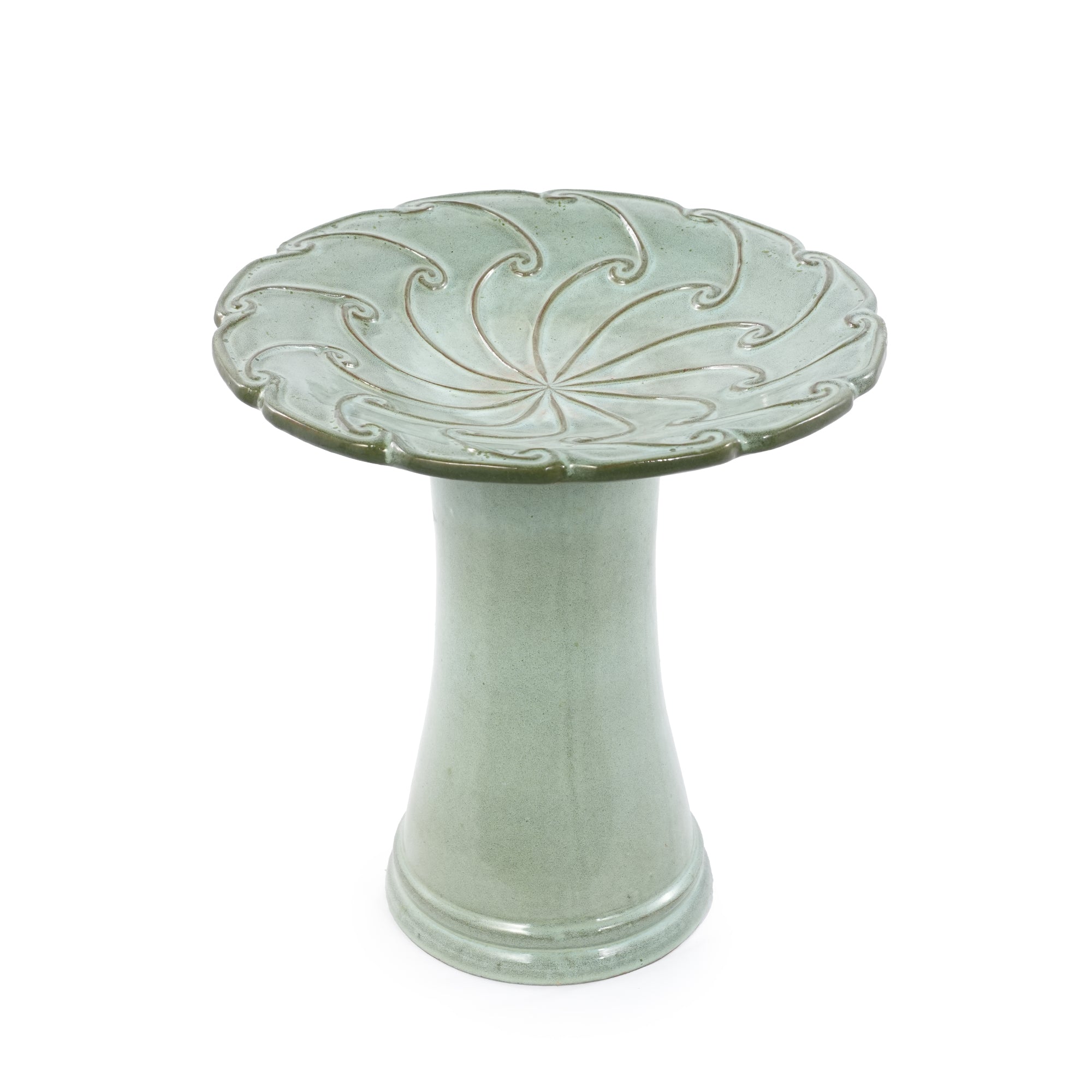 Handmade glazed ceramic bird bath, 17" swirling scroll embossed tray & 18" pedestal base, sage green gradient glaze outdoor bird feeder for yard, lawn, patio & backyard
