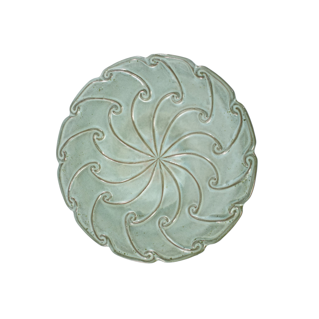 Handmade glazed ceramic bird bath, 17" swirling scroll embossed tray & 18" pedestal base, sage green gradient glaze outdoor bird feeder for yard, lawn, patio & backyard