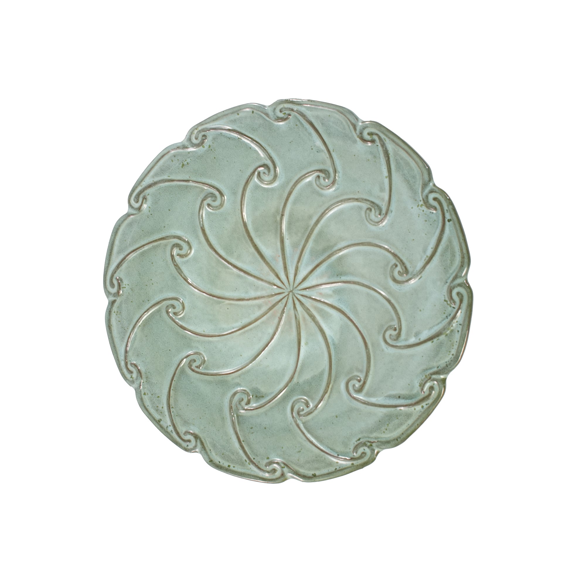 Handmade glazed ceramic bird bath, 17" swirling scroll embossed tray & 18" pedestal base, sage green gradient glaze outdoor bird feeder for yard, lawn, patio & backyard