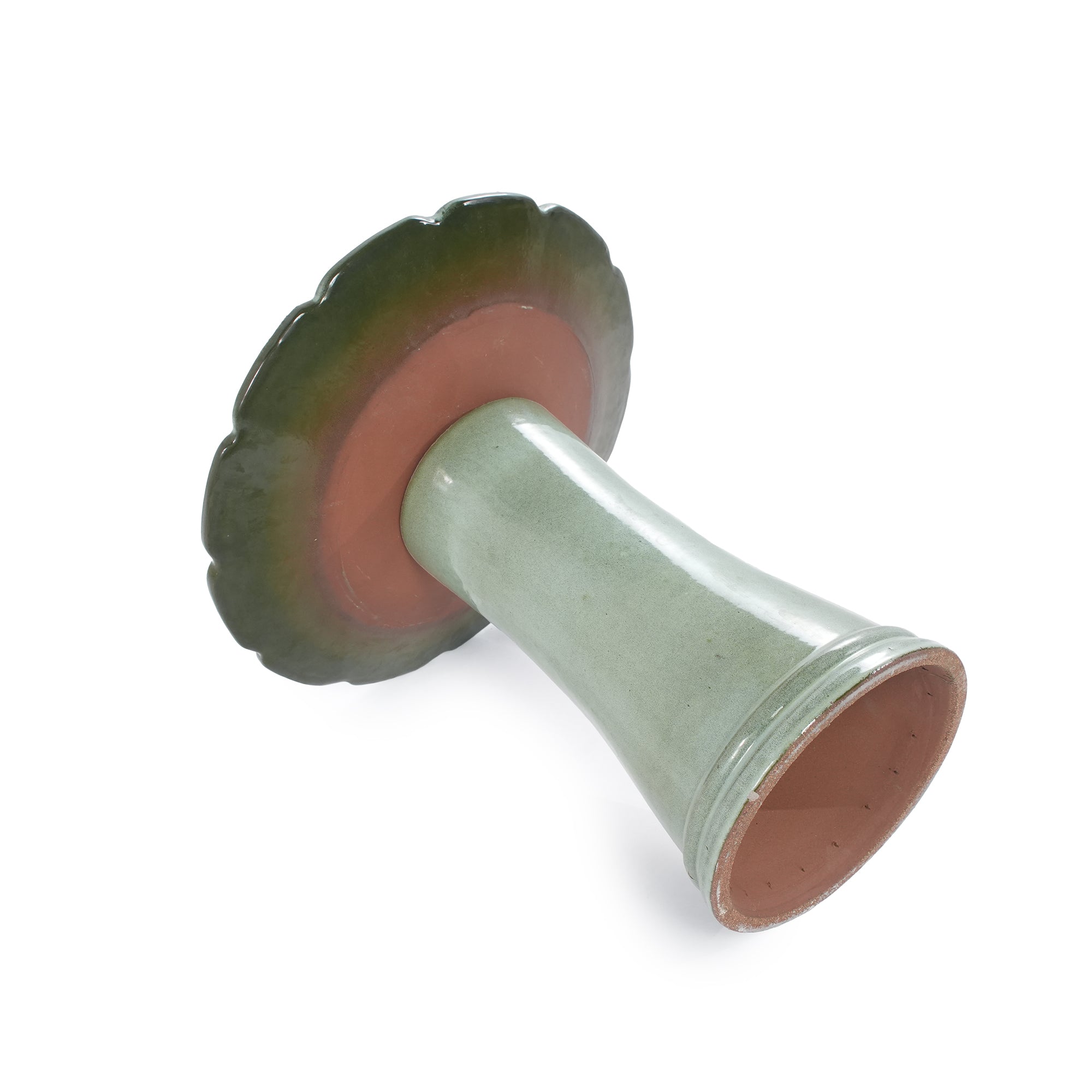 Handmade glazed ceramic bird bath, 17" swirling scroll embossed tray & 18" pedestal base, sage green gradient glaze outdoor bird feeder for yard, lawn, patio & backyard