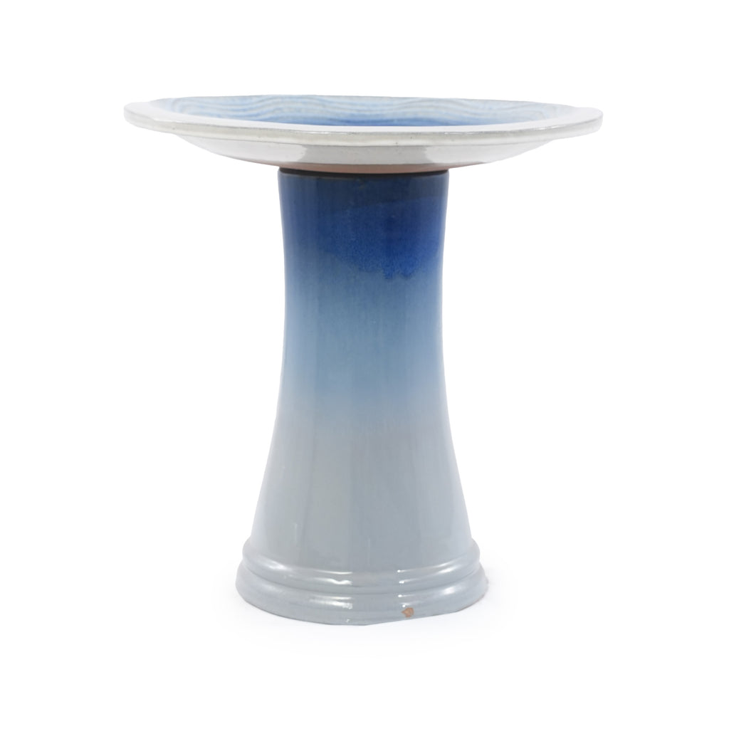 Handmade glazed ceramic bird bath, 17" concentric ripple embossed tray & 18" pedestal base, white to sapphire blue ombre gradient glaze outdoor bird feeder for yard, lawn, patio & backyard