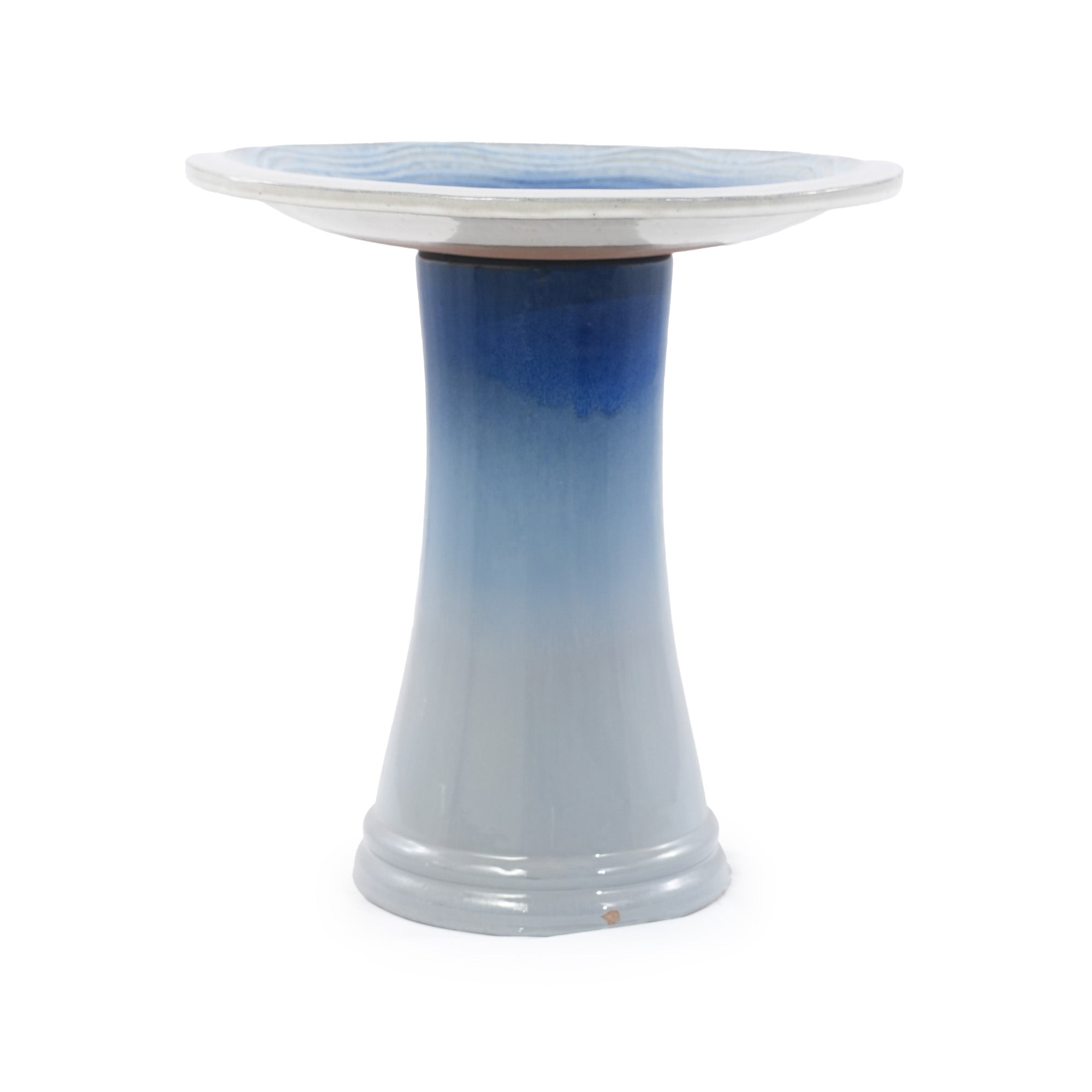 Handmade glazed ceramic bird bath, 17" concentric ripple embossed tray & 18" pedestal base, white to sapphire blue ombre gradient glaze outdoor bird feeder for yard, lawn, patio & backyard