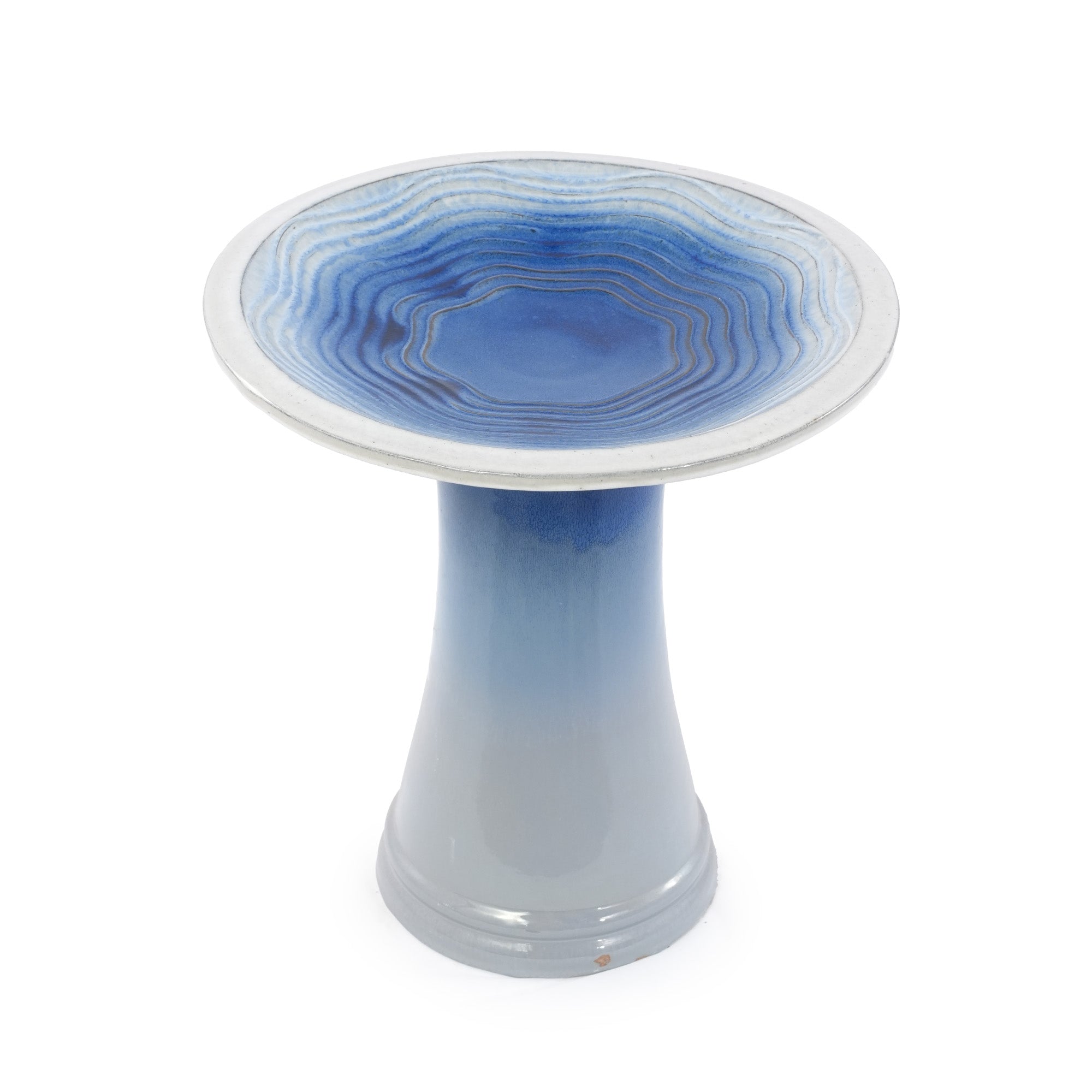 Handmade glazed ceramic bird bath, 17" concentric ripple embossed tray & 18" pedestal base, white to sapphire blue ombre gradient glaze outdoor bird feeder for yard, lawn, patio & backyard