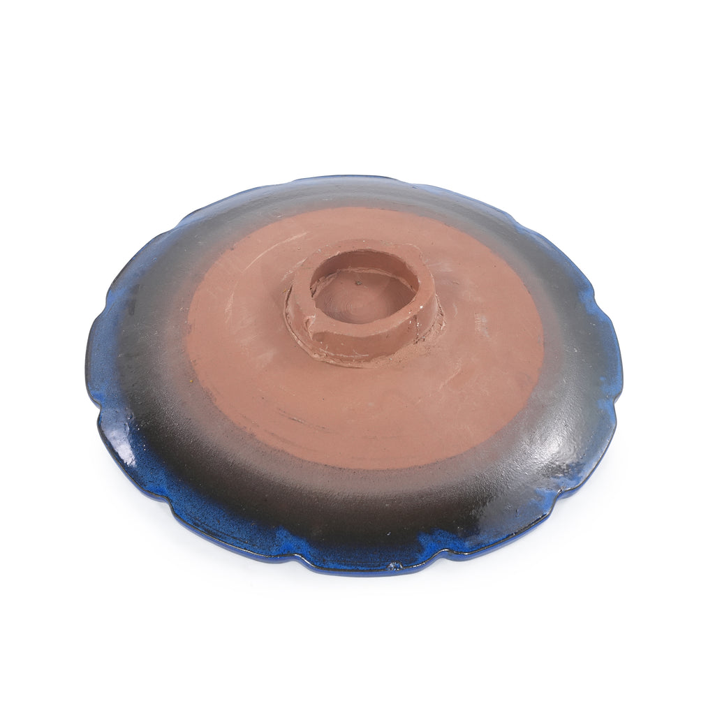 Handmade glazed ceramic bird bath, 17" swirling scroll embossed tray & 18" pedestal base, sapphire blue gradient glaze outdoor bird feeder for yard, lawn, patio & backyard