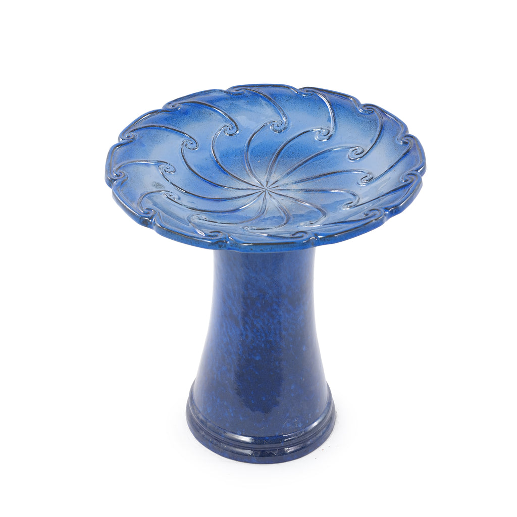 Handmade glazed ceramic bird bath, 17" swirling scroll embossed tray & 18" pedestal base, sapphire blue gradient glaze outdoor bird feeder for yard, lawn, patio & backyard