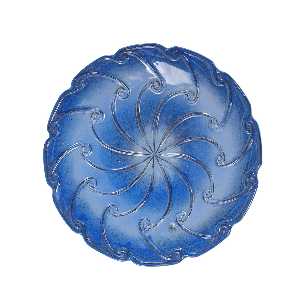 Handmade glazed ceramic bird bath, 17" swirling scroll embossed tray & 18" pedestal base, sapphire blue gradient glaze outdoor bird feeder for yard, lawn, patio & backyard