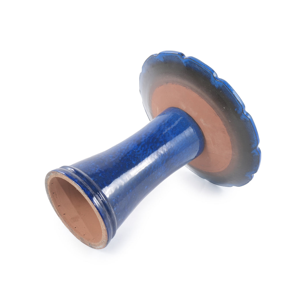 Handmade glazed ceramic bird bath, 17" swirling scroll embossed tray & 18" pedestal base, sapphire blue gradient glaze outdoor bird feeder for yard, lawn, patio & backyard