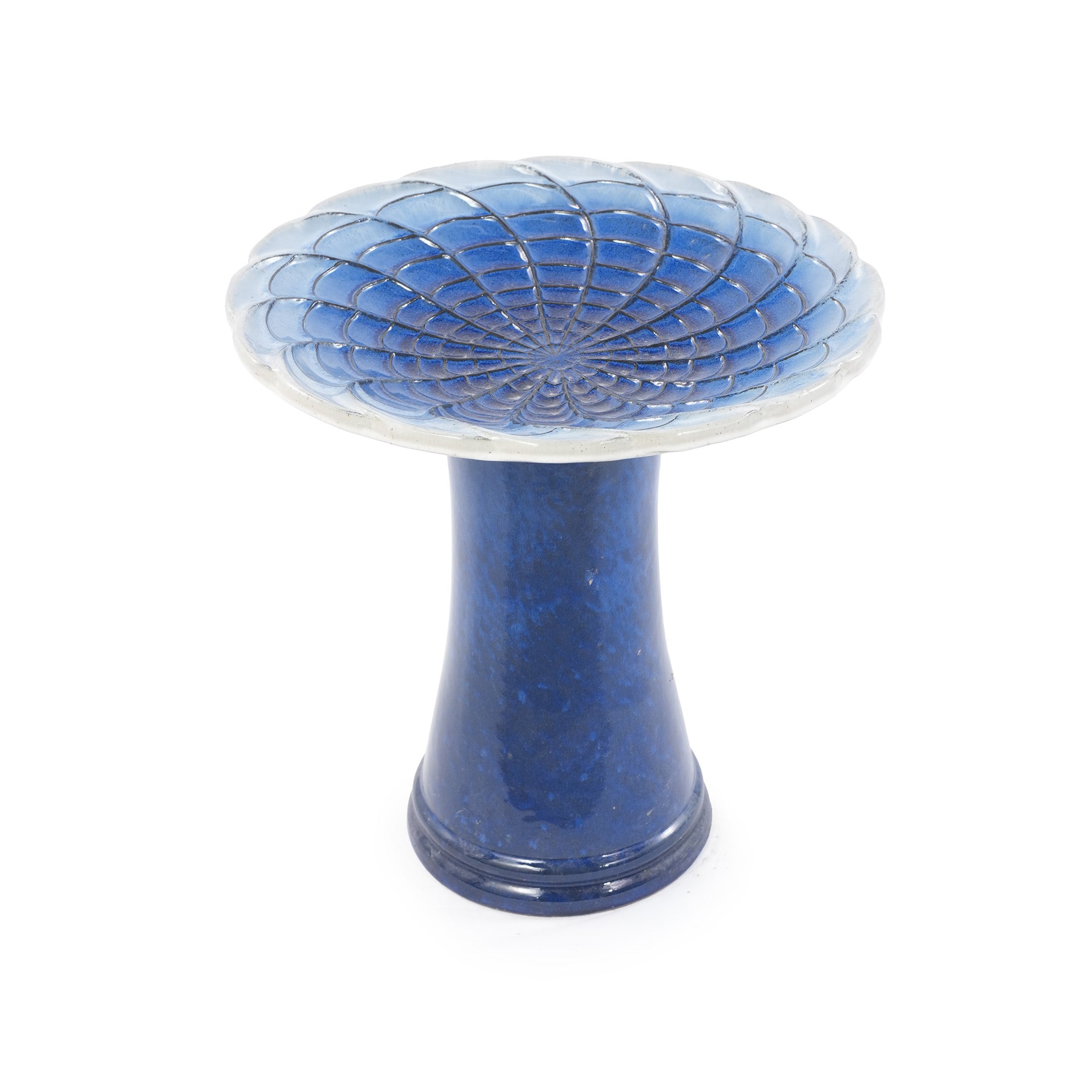 Handmade glazed ceramic bird bath, 17" concentric lotus embossed tray & 18" pedestal base, deep blue pale white gradient glaze outdoor bird feeder for yard, lawn, patio & backyard
