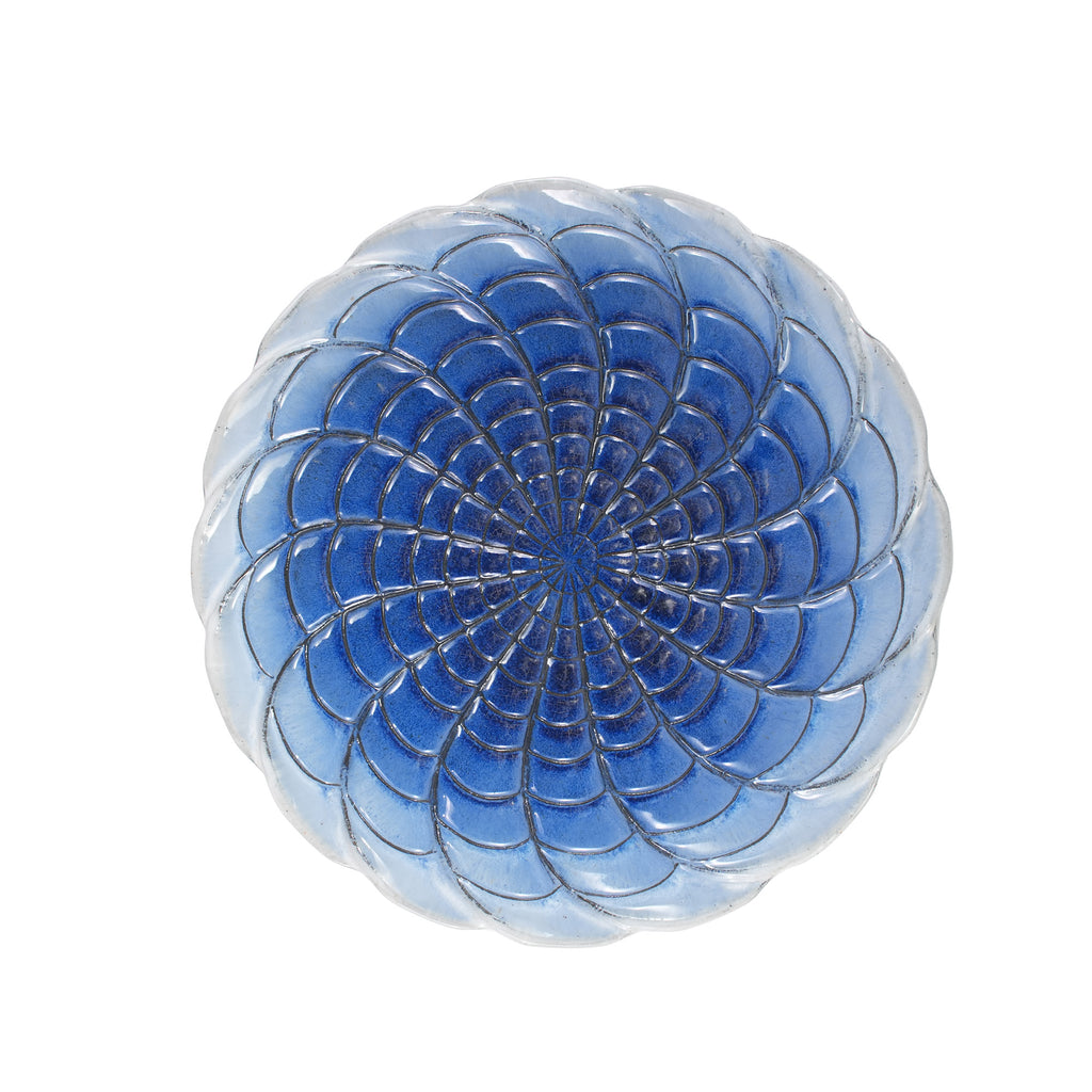 Handmade glazed ceramic bird bath, 17" concentric lotus embossed tray & 18" pedestal base, deep blue pale white gradient glaze outdoor bird feeder for yard, lawn, patio & backyard