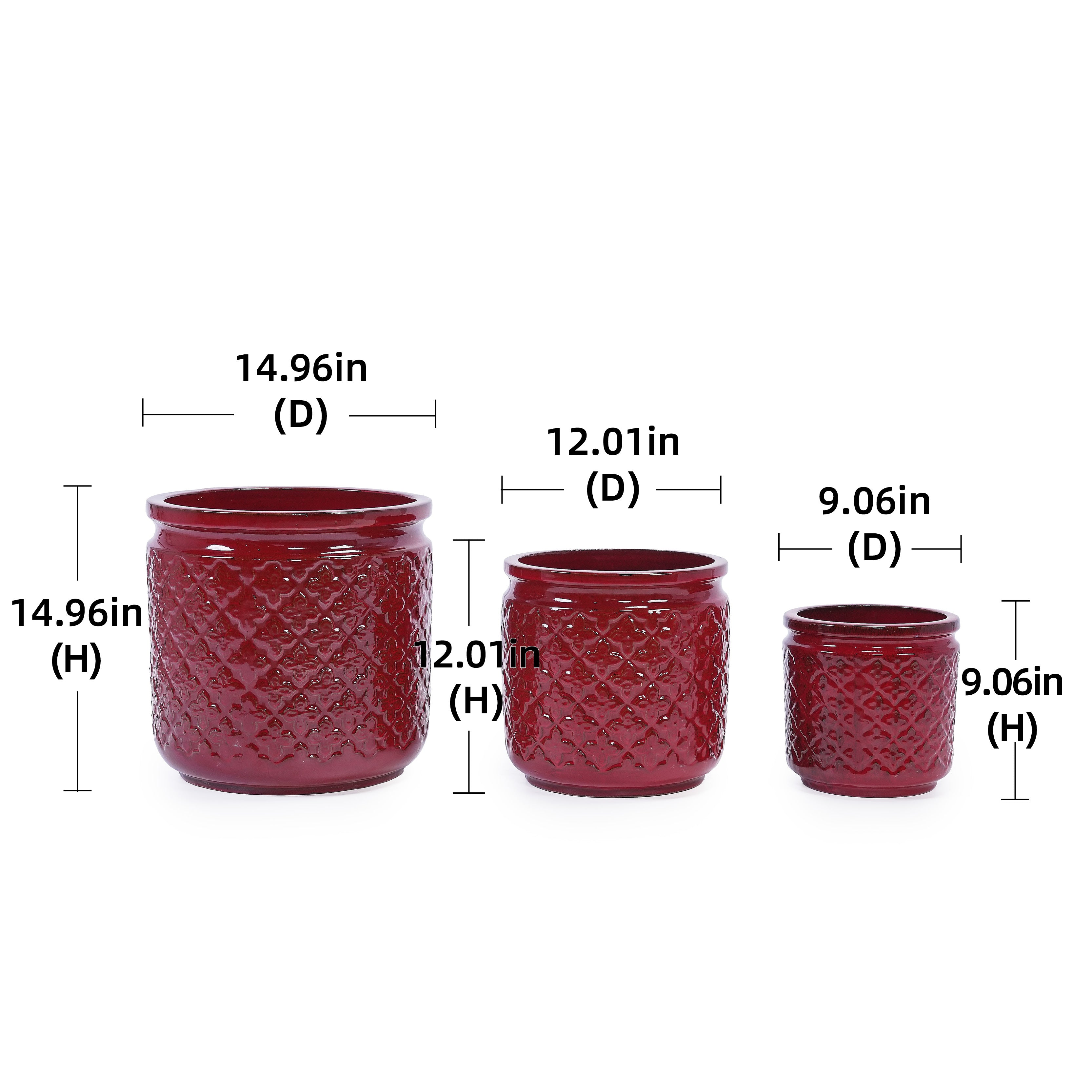Handmade Ceramic Planter Set of 3, 15/12/9 Inch Diameter, Burgundy Diamond-Pattern, for Orchids & Indoor Plants, Windowsill & Bookshelf Use, Breathable Clay