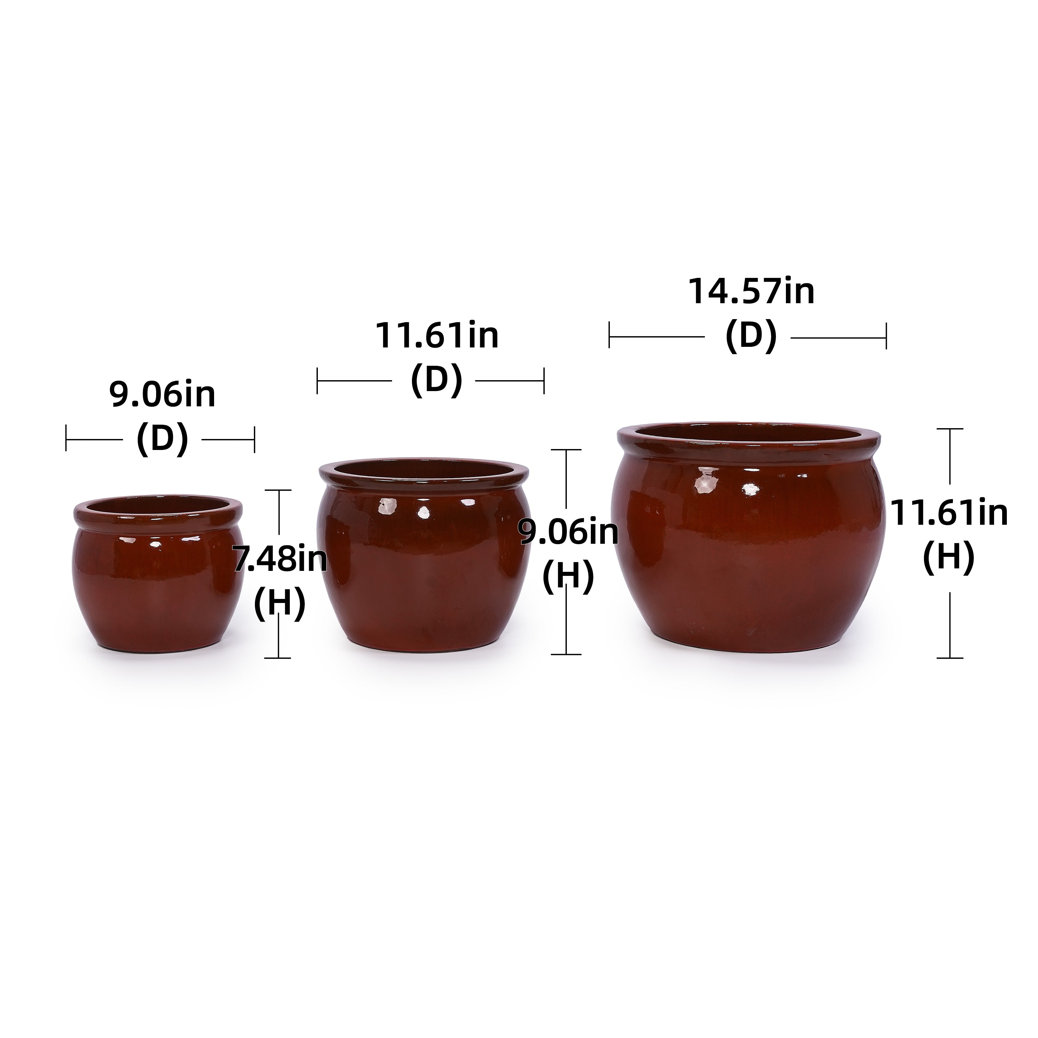 Handmade Rust-Red&Dark Green Ceramic Plant Pots Set of 3, 15/12/9 Inch Diameter,, Indoor & Outdoor Flower Pots for Tables, Couchside, Balcony & Garden, Breathable Clay with Drainage Hole