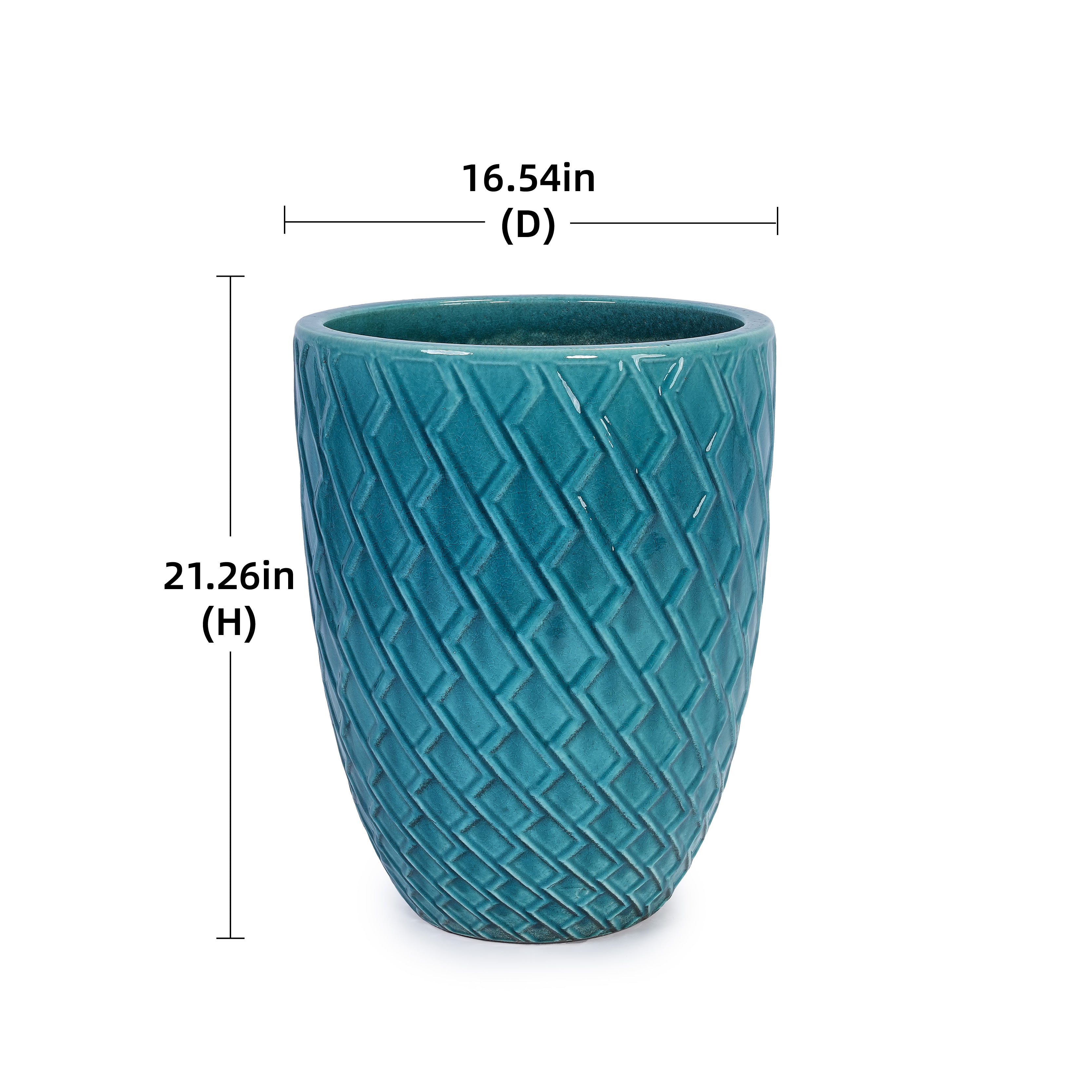 Handmade Ceramic Planter Pot, 17 Inch Diameter, 1 Piece, Teal Cyan with Falling Diamond , for Monstera Deliciosa and Fiddle Leaf Fig, Indoor/Outdoor Doorway Use, Breathable Clay