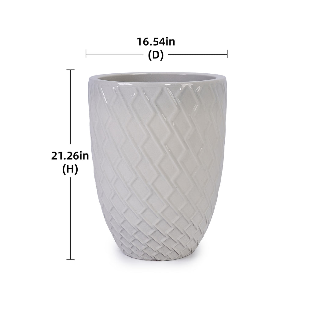 Handmade Ceramic Planter Pot, 17 Inch Diameter, 1 Piece, Cream White with Diamond Pattern, for Monstera Deliciosa and Fiddle Leaf Fig, Indoor/Outdoor Doorway Use, Breathable Clay