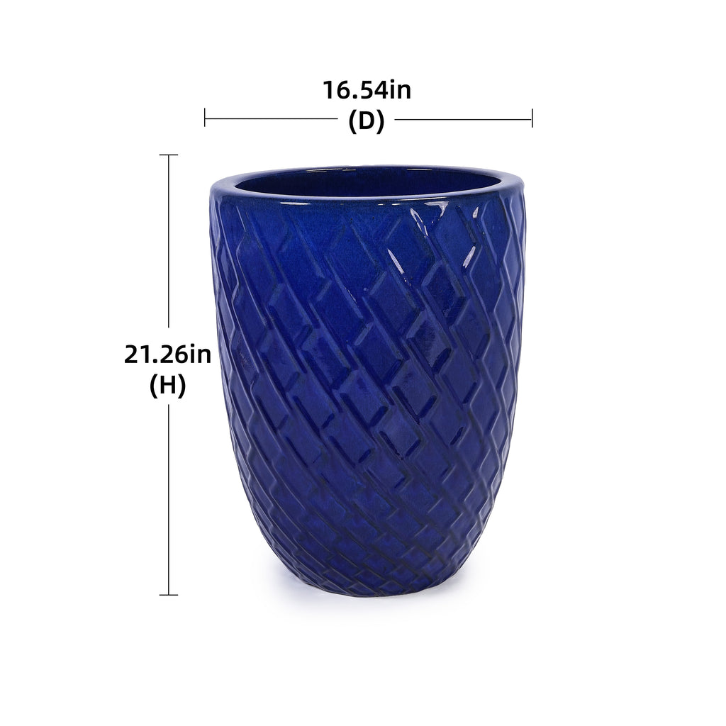 Handmade Ceramic Planter Pot, 17 Inch Diameter, 1 Piece, Sapphire Blue with Diamond Pattern, for Monstera Deliciosa and Fiddle Leaf Fig, Indoor/Outdoor Doorway Use, Breathable Clay