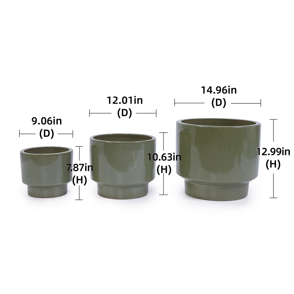 Handmade Solid Glaze Ceramic Planter Set of 3, 15/12/9 Inch Diameter, for Succulents & Flowers Outdoor Garden & Indoor Staircase Use, Breathable Porous Clay, Earthy Green