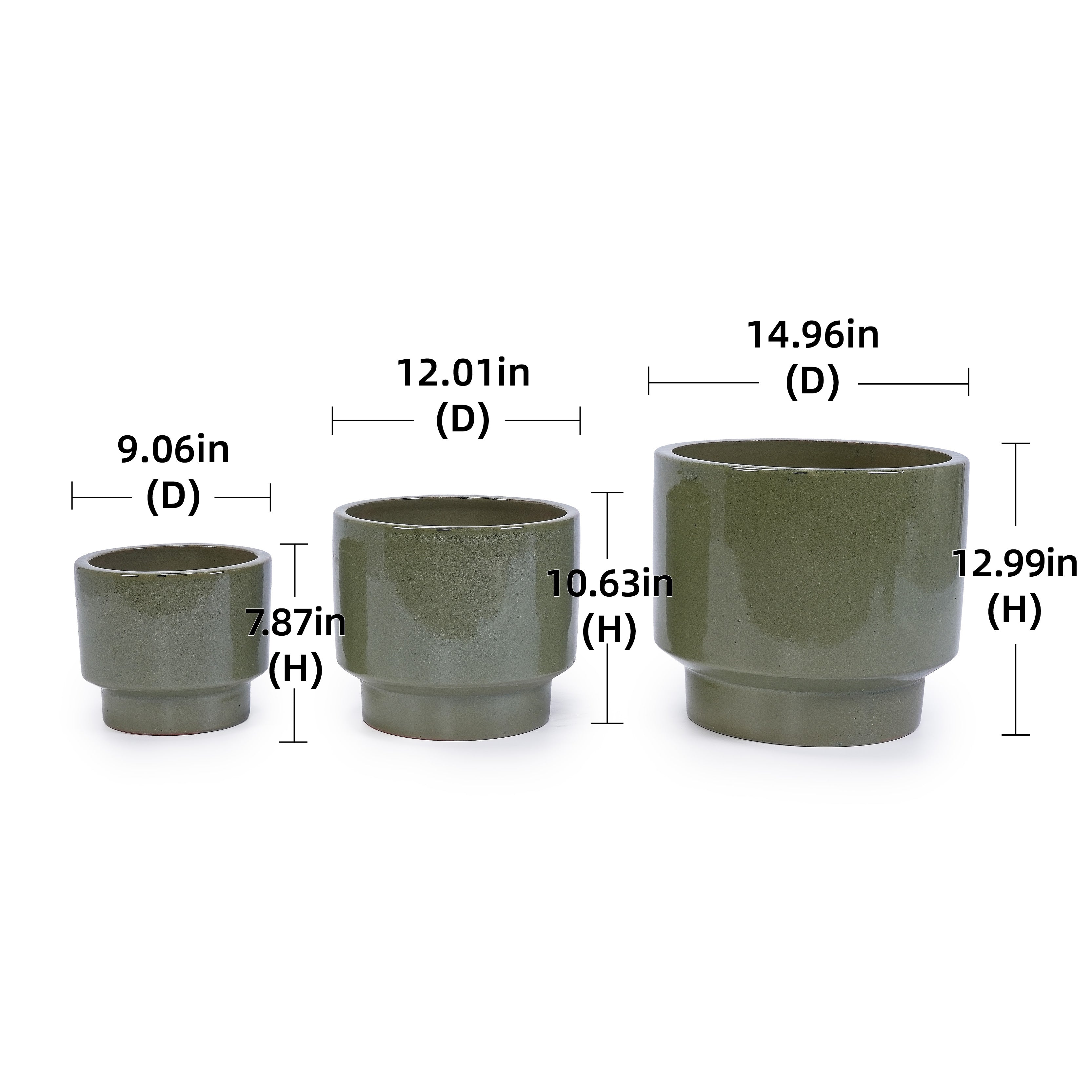Handmade Solid Glaze Ceramic Planter Set of 3, 15/12/9 Inch Diameter, for Succulents & Flowers Outdoor Garden & Indoor Staircase Use, Breathable Porous Clay, Earthy Green