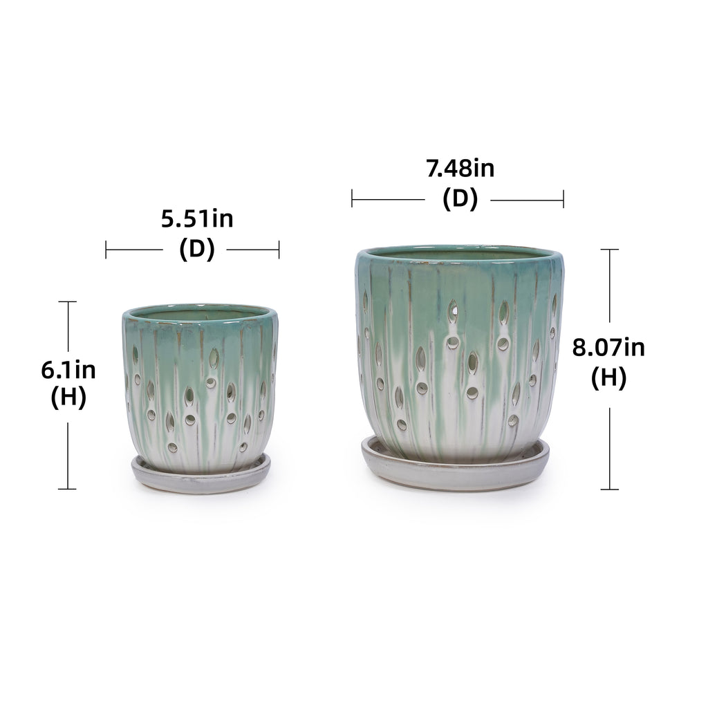 Handmade Green-White Gradient Ceramic Planter Set (7.48"×5.51" & 8.07"×6.1"), Indoor & Outdoor Flower Pots for Orchids, Succulents by Window, Breathable Holes & Lightweight