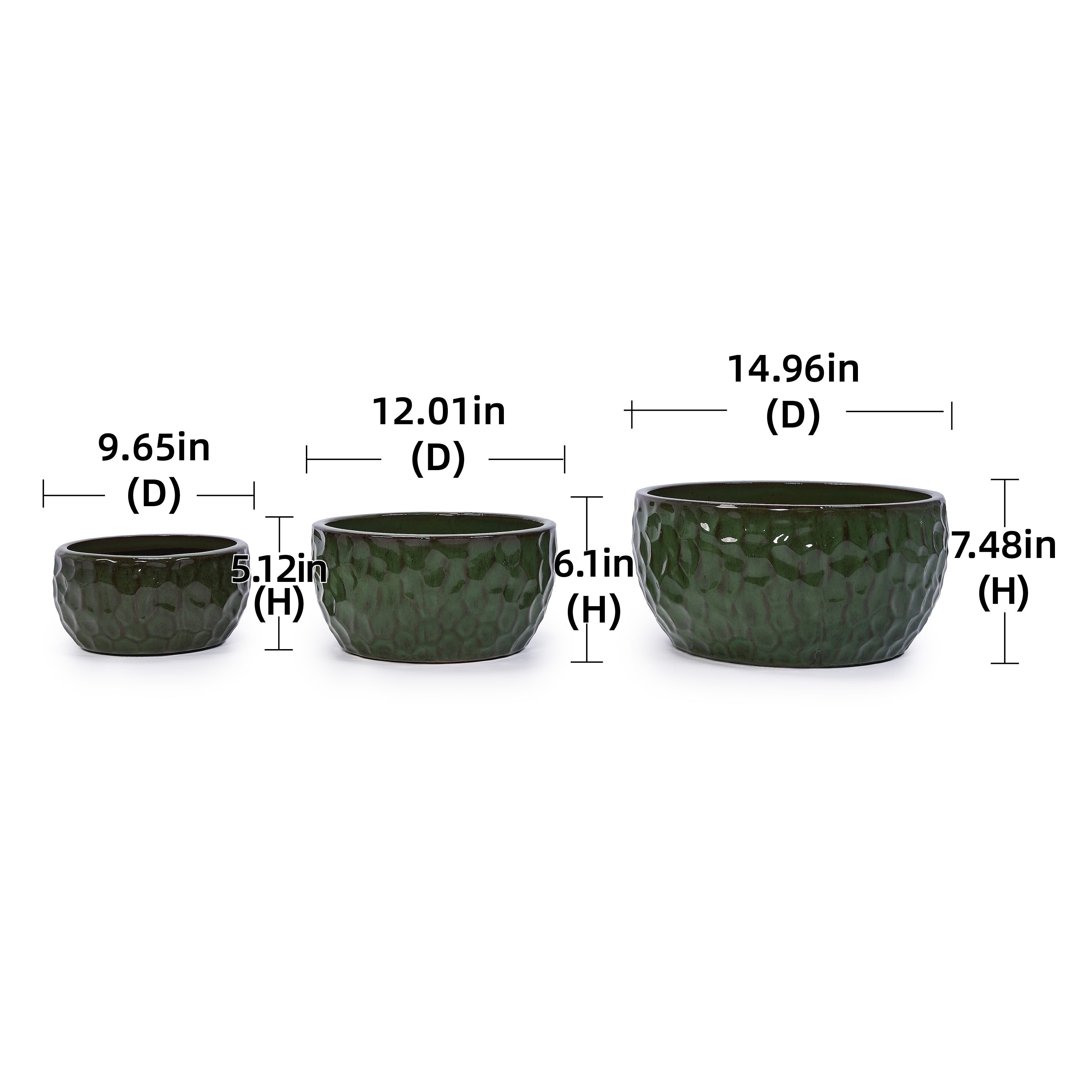 Handmade Ceramic Planter Set of 3, 15"/12"/10" Diameter, Cobalt Blue Hammered Texture, for Succulents & Violets, Indoor/Outdoor Use on Windowsill & Bookshelf, Breathable Clay