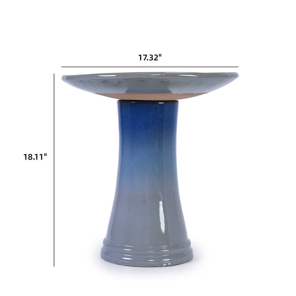 Handmade glazed ceramic bird bath, 17" daisy petal embossed tray & 18" pedestal base, light grey to sapphire blue ombre gradient glaze outdoor bird feeder for yard, lawn, patio & backyard