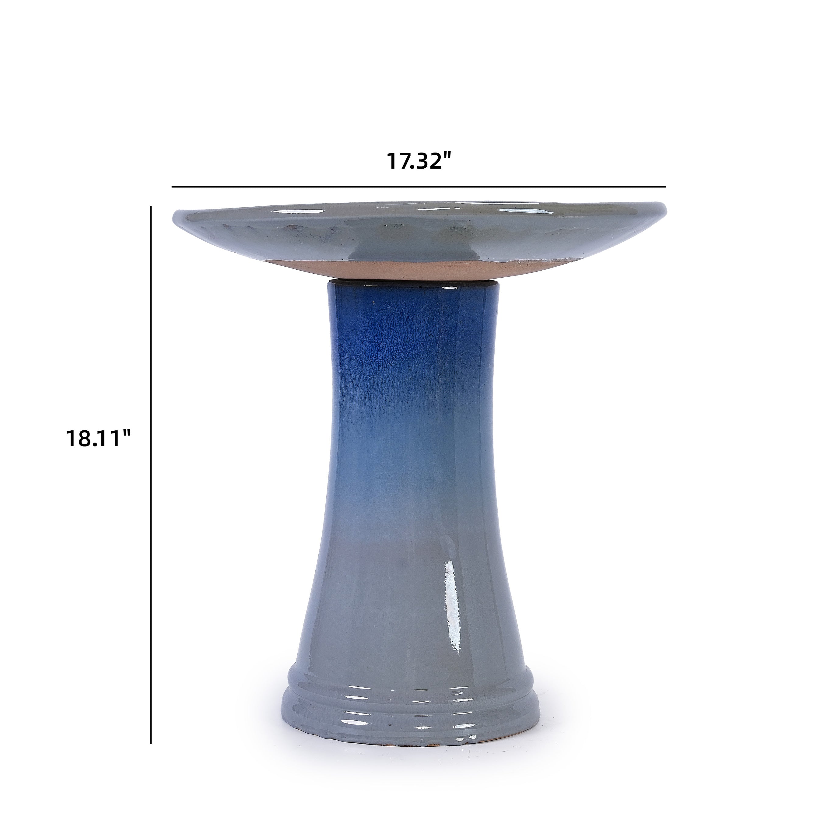 Handmade glazed ceramic bird bath, 17" daisy petal embossed tray & 18" pedestal base, light grey to sapphire blue ombre gradient glaze outdoor bird feeder for yard, lawn, patio & backyard