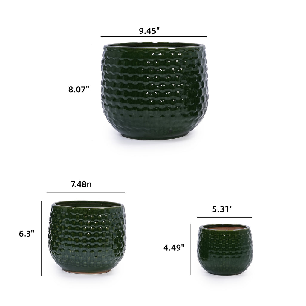 Handmade Glazed Ceramic Planter Set of 3, 9/7/5 Inch Diameter, Dark Green Solid Glossy Finish, for Succulents & Herbs Outdoor Patio & Indoor Staircase Use, Breathable Clay with Drainage Holes