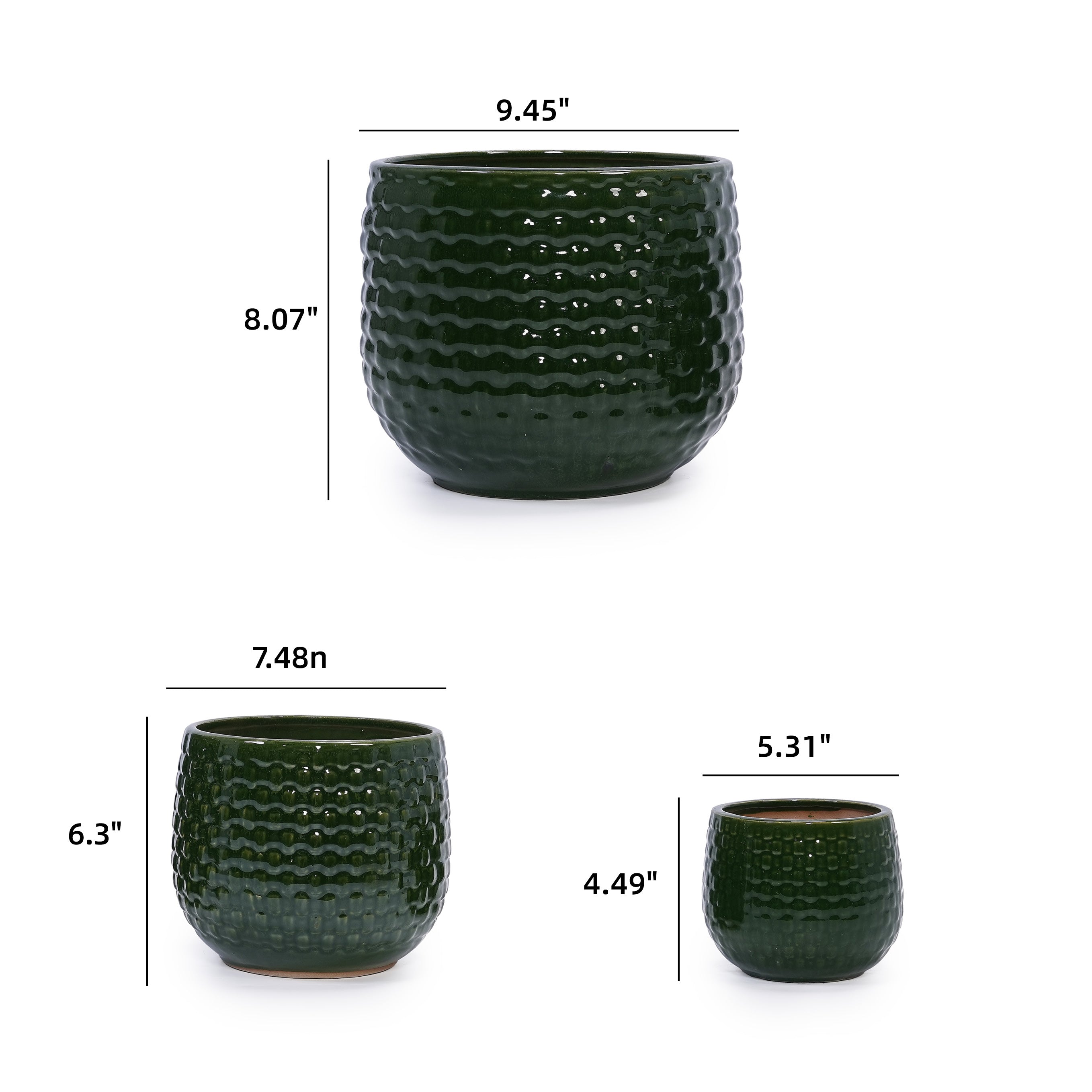 Handmade Glazed Ceramic Planter Set of 3, 9/7/5 Inch Diameter, Dark Green Solid Glossy Finish, for Succulents & Herbs Outdoor Patio & Indoor Staircase Use, Breathable Clay with Drainage Holes