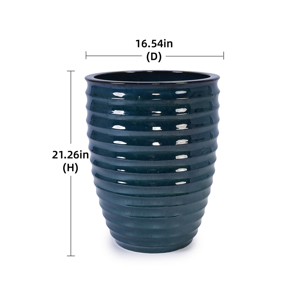 Handmade Deep Green Ceramic Planter, 17 Inch Diameter, 1 Piece, Horizontal Ripples Pattern, for Monstera and Fiddle Leaf Fig, Indoor & Outdoor Doorway Use, Breathable Clay