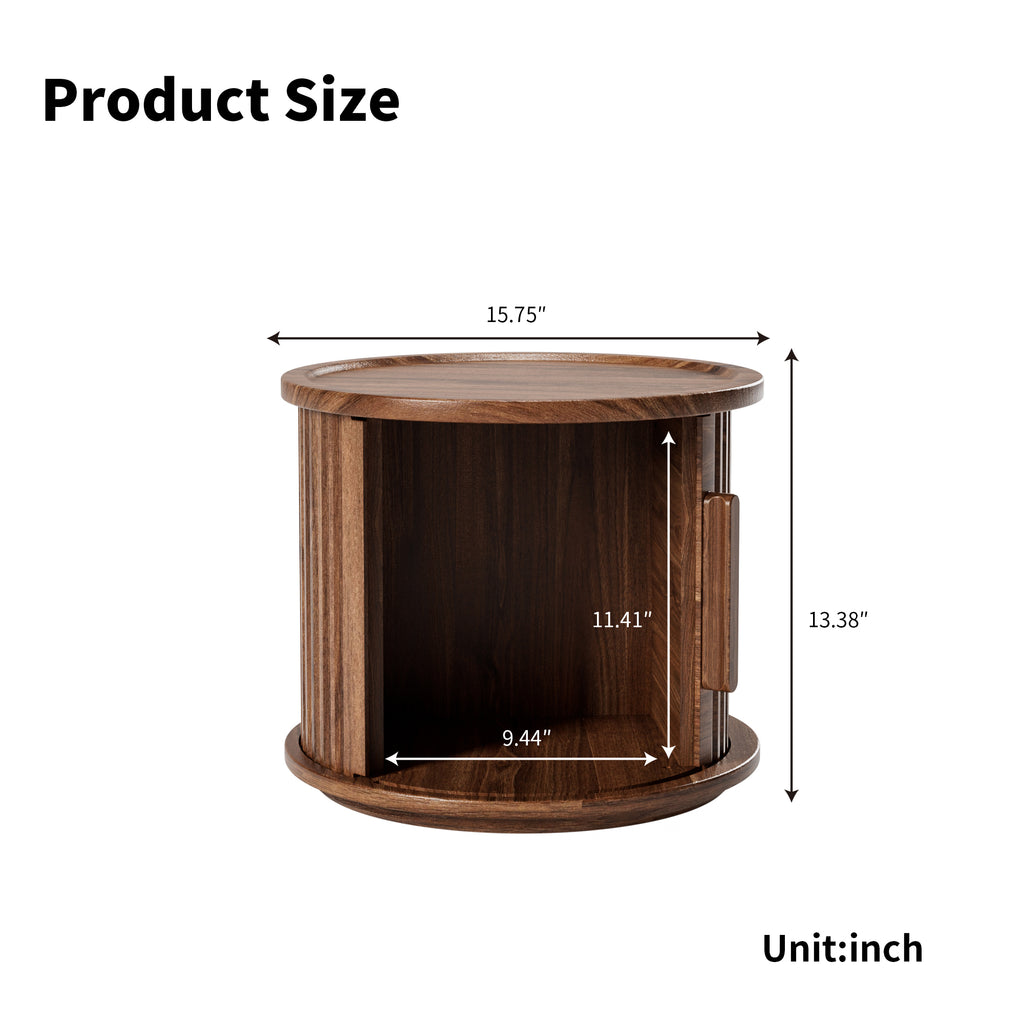 2Piece Round Coffee Table Set, Modern Nesting Side Tables with Sliding Door Storage, Walnut Finish Sofa End Table & Bedside Nightstand for Living Room & Bedroom, Fluted Roman Column Design Accent Tab