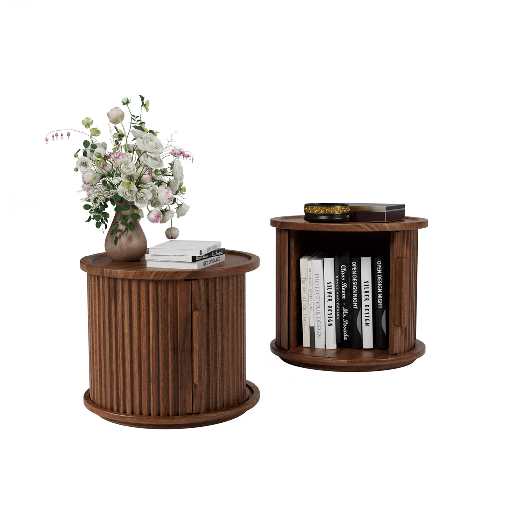 2Piece Round Coffee Table Set, Modern Nesting Side Tables with Sliding Door Storage, Walnut Finish Sofa End Table & Bedside Nightstand for Living Room & Bedroom, Fluted Roman Column Design Accent Tab