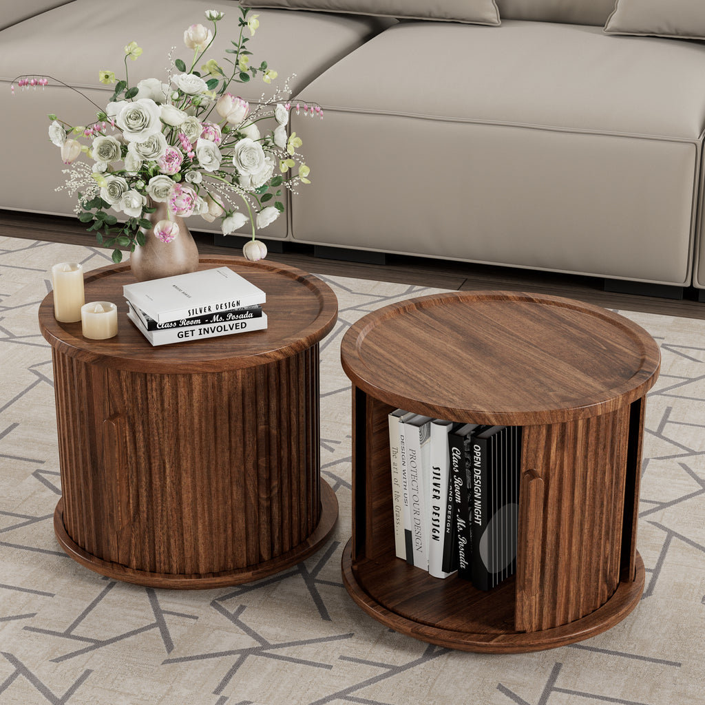 2Piece Round Coffee Table Set, Modern Nesting Side Tables with Sliding Door Storage, Walnut Finish Sofa End Table & Bedside Nightstand for Living Room & Bedroom, Fluted Roman Column Design Accent Tab