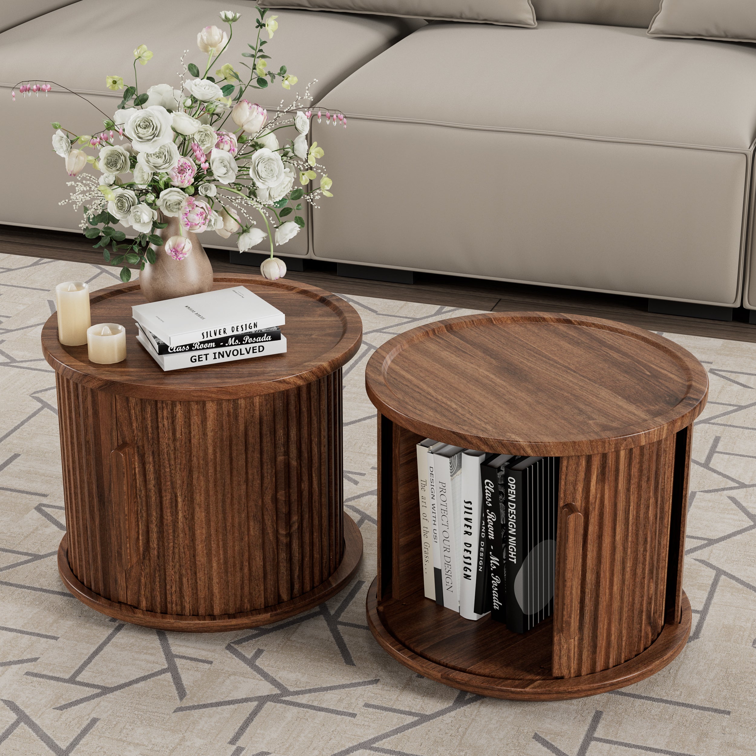 2Piece Round Coffee Table Set, Modern Nesting Side Tables with Sliding Door Storage, Walnut Finish Sofa End Table & Bedside Nightstand for Living Room & Bedroom, Fluted Roman Column Design Accent Tab
