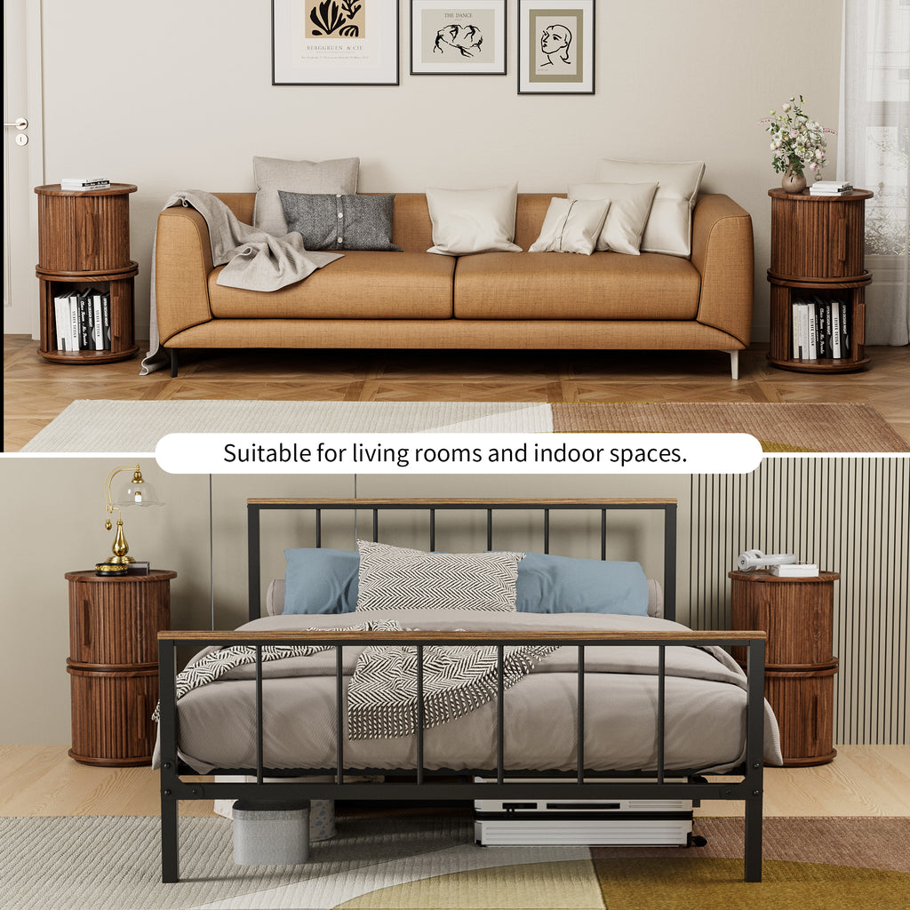 2Piece Round Coffee Table Set, Modern Nesting Side Tables with Sliding Door Storage, Walnut Finish Sofa End Table & Bedside Nightstand for Living Room & Bedroom, Fluted Roman Column Design Accent Tab