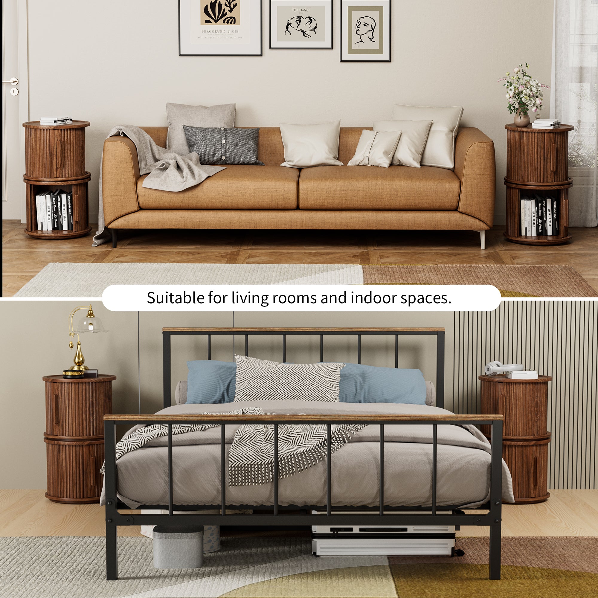 2Piece Round Coffee Table Set, Modern Nesting Side Tables with Sliding Door Storage, Walnut Finish Sofa End Table & Bedside Nightstand for Living Room & Bedroom, Fluted Roman Column Design Accent Tab