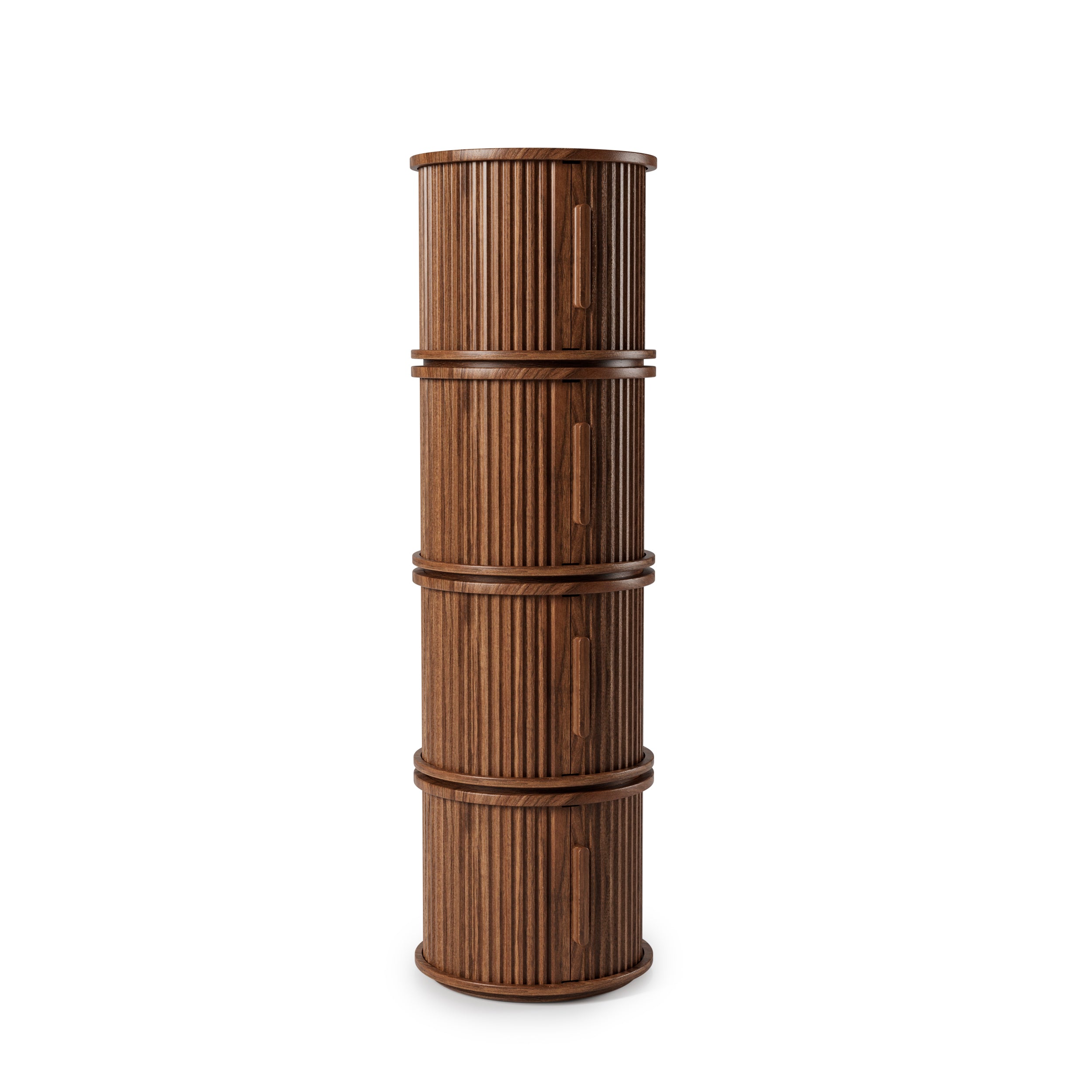 2Piece Round Coffee Table Set, Modern Nesting Side Tables with Sliding Door Storage, Walnut Finish Sofa End Table & Bedside Nightstand for Living Room & Bedroom, Fluted Roman Column Design Accent Tab