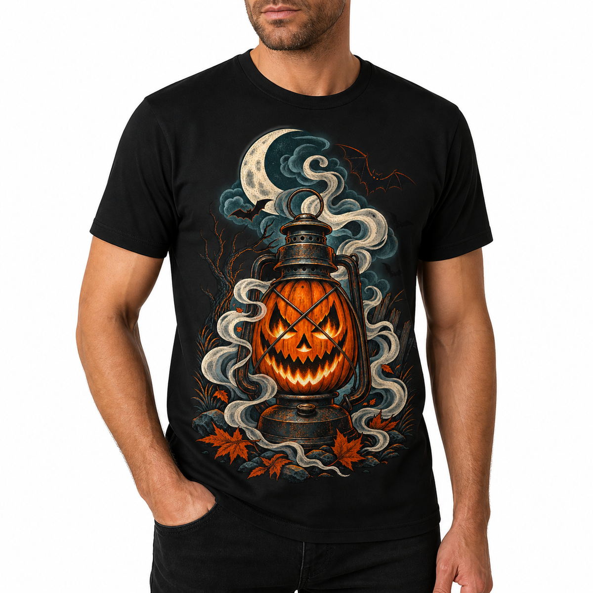 LUVEKON Halloween MEN-01 T-shirt — white-background close three-quarter model view