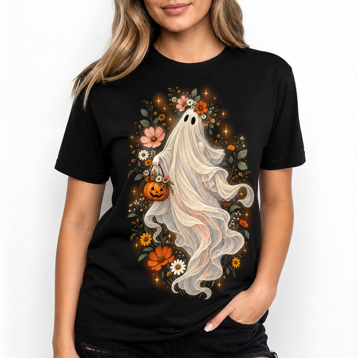 LUVEKON Halloween WOMEN-02 T-shirt — white-background close three-quarter model view