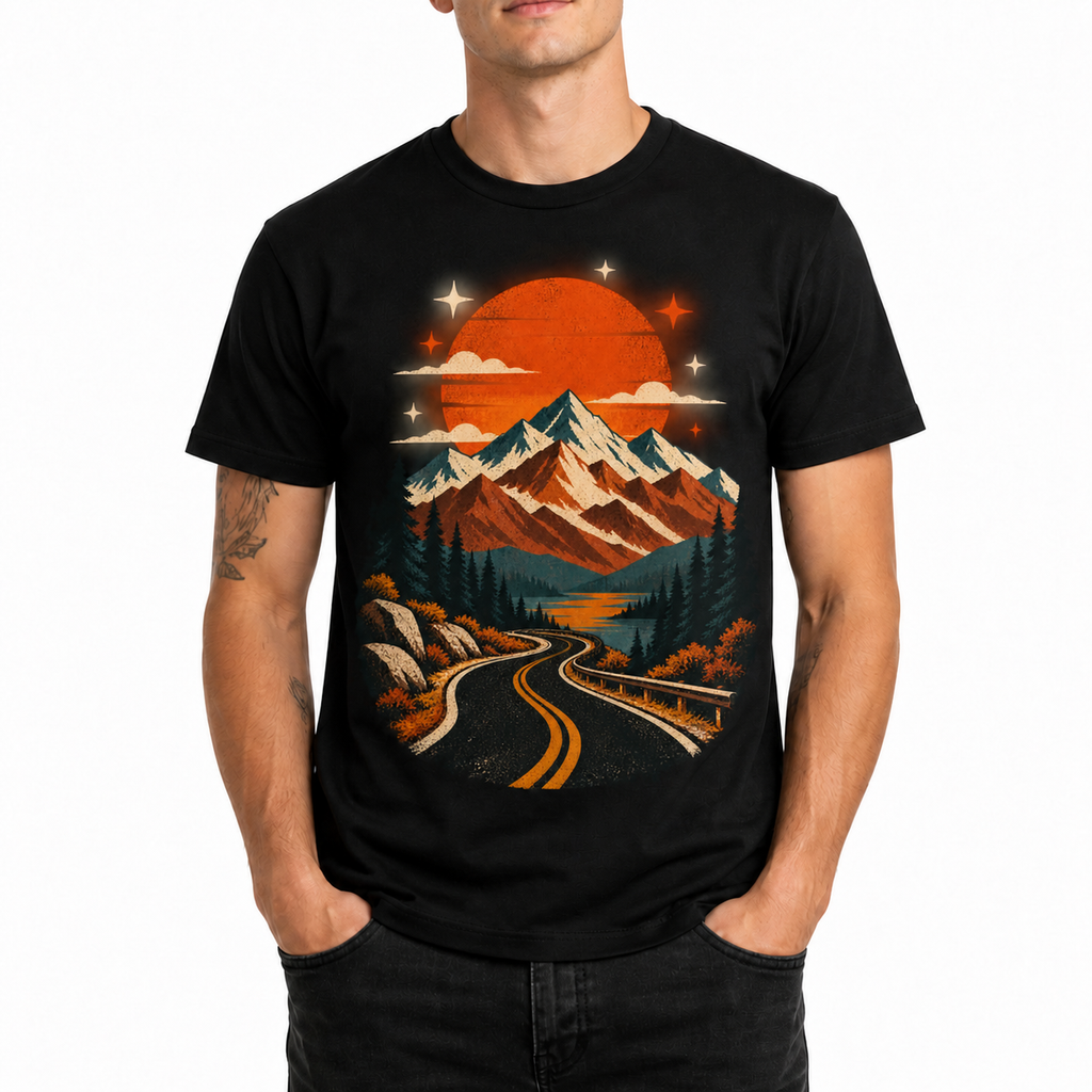 LUVEKON men's retro mountain road graphic T-shirt — front model view