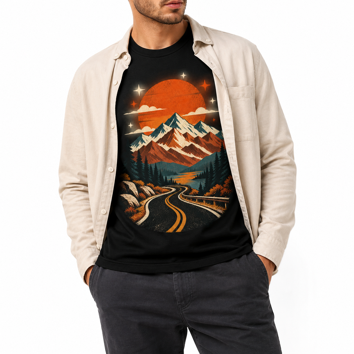 LUVEKON men's graphic T-shirt layered with a beige overshirt