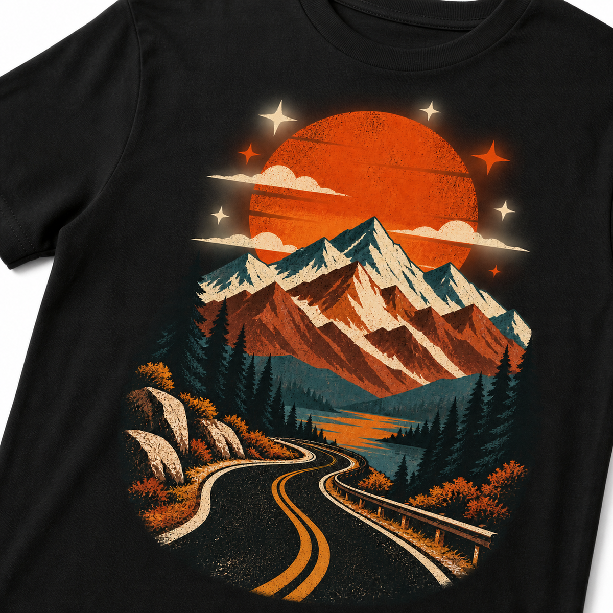 LUVEKON retro mountain sunset and open road print detail