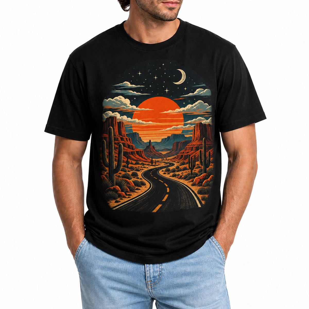 Men's desert graphic T-shirt styled with light blue jeans