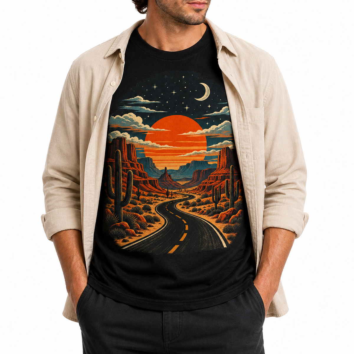 Men's desert graphic T-shirt layered with a beige overshirt