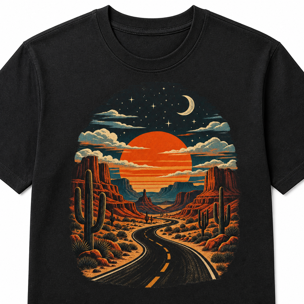 Original desert sunset, moon and open-road print detail