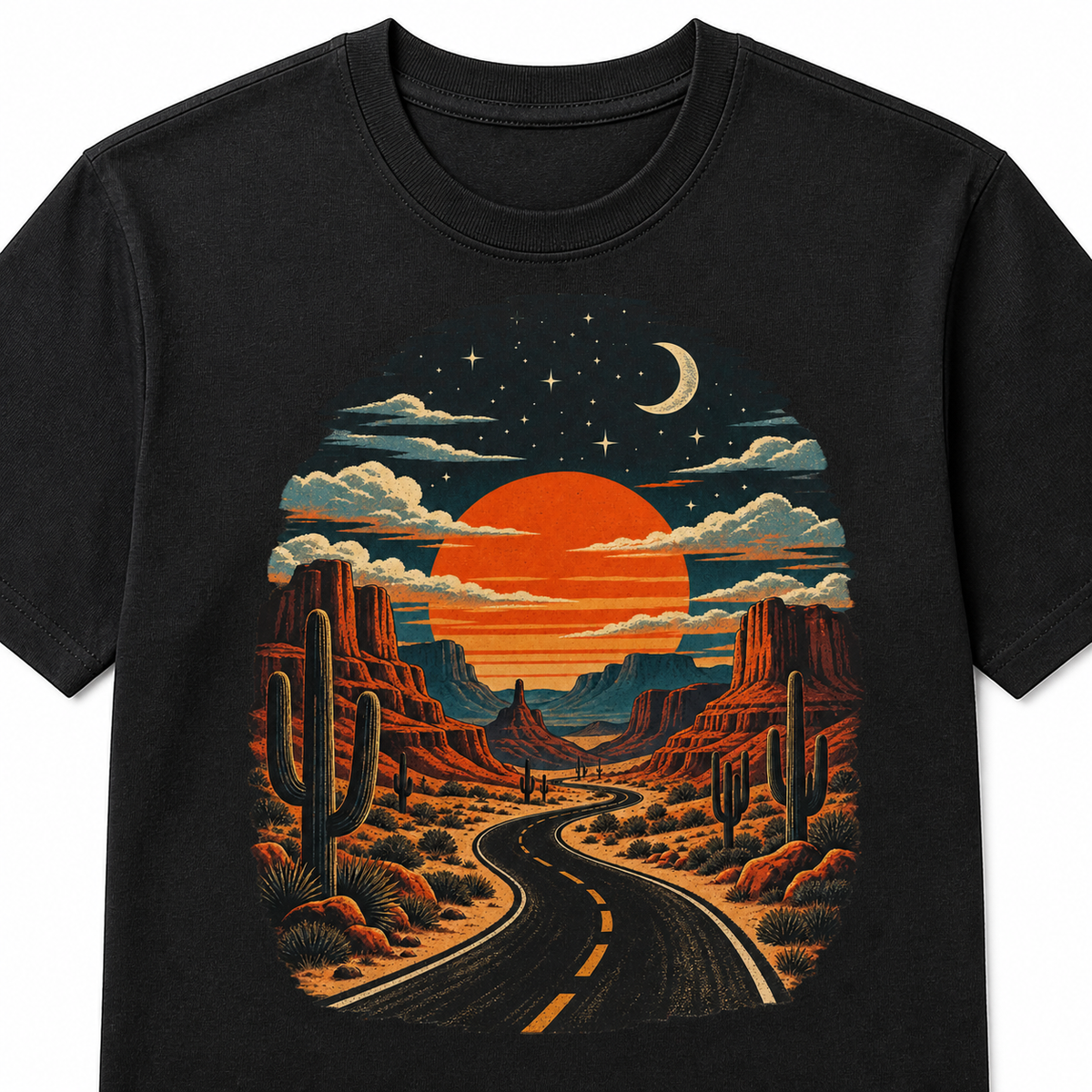Original desert sunset, moon and open-road print detail