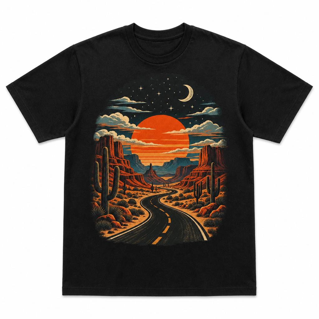 Men's black desert graphic T-shirt — white background flat lay