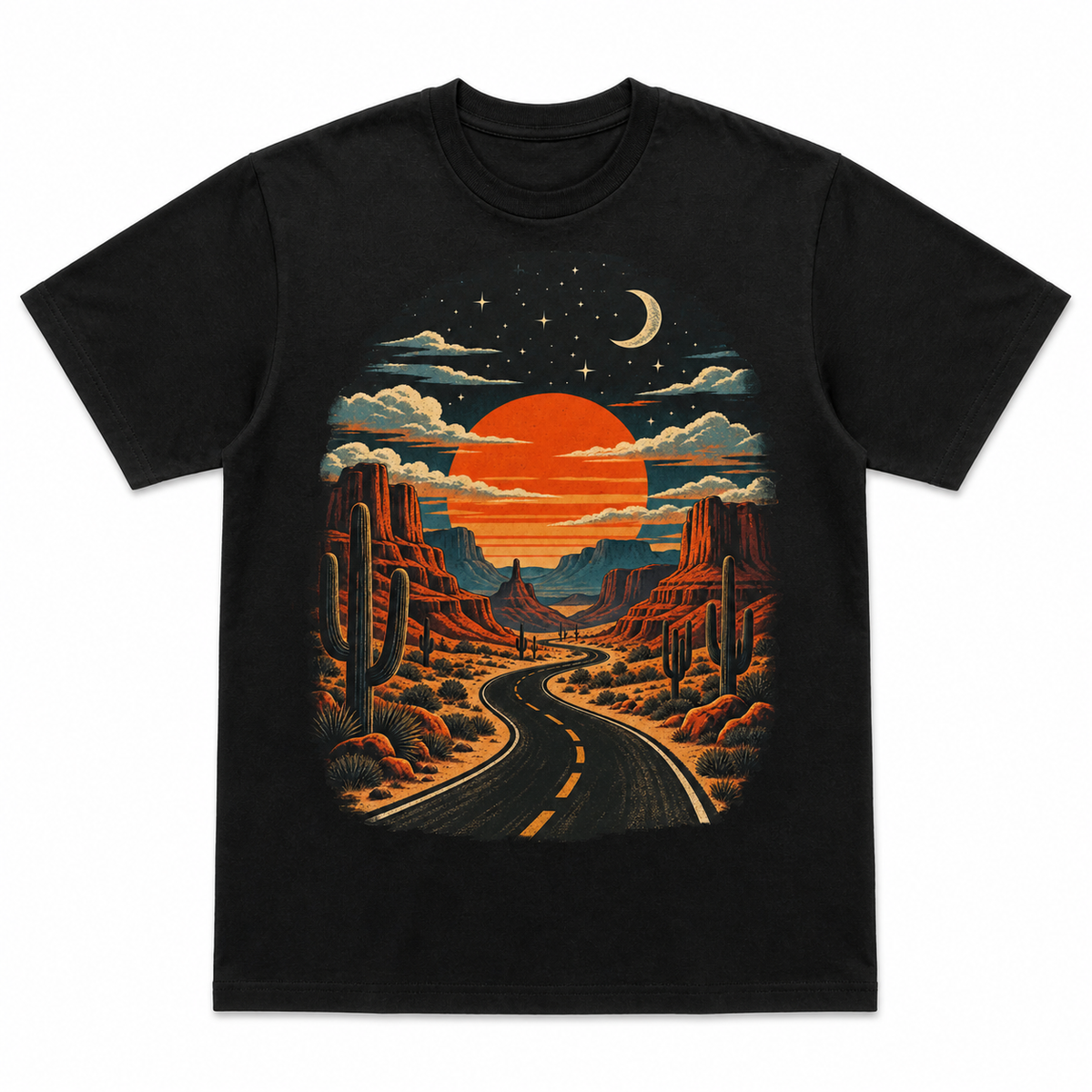 Men's black desert graphic T-shirt — white background flat lay