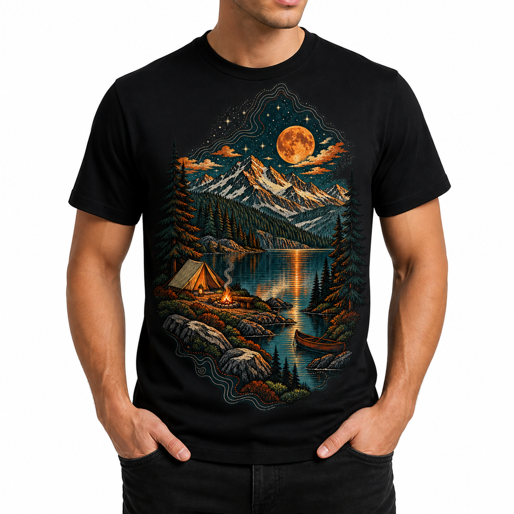 Men's alpine lake camp graphic T-shirt — front model view