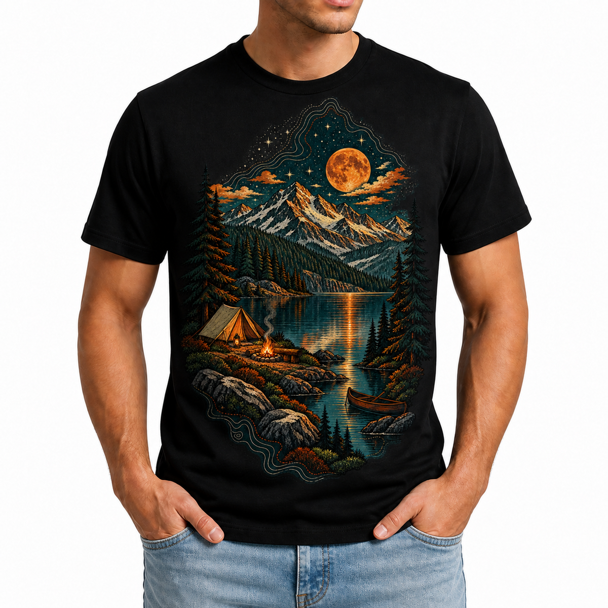 Men's alpine camp graphic T-shirt styled with light blue jeans