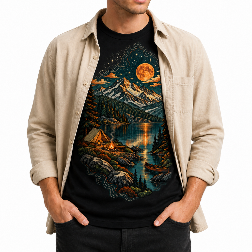 Men's alpine camp graphic T-shirt layered with a beige overshirt