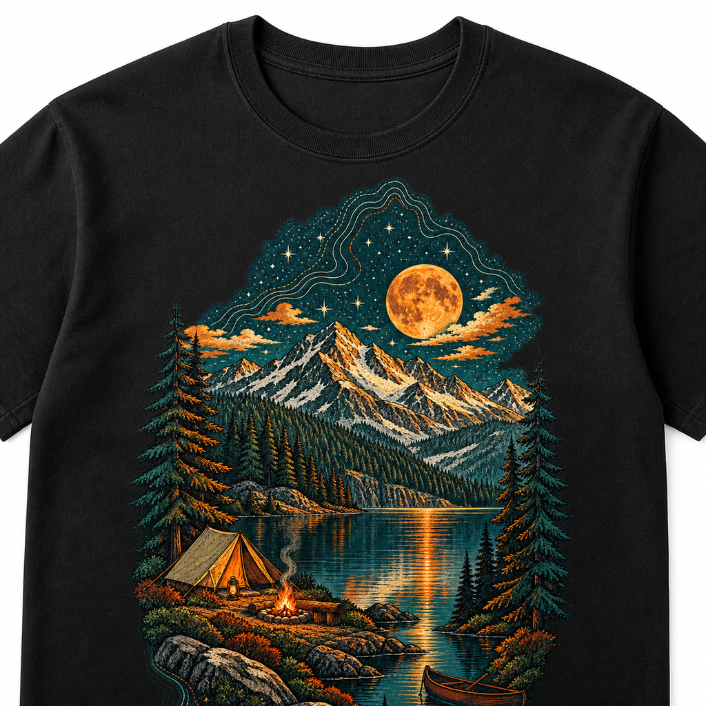 Original alpine lake, moon and campsite print detail